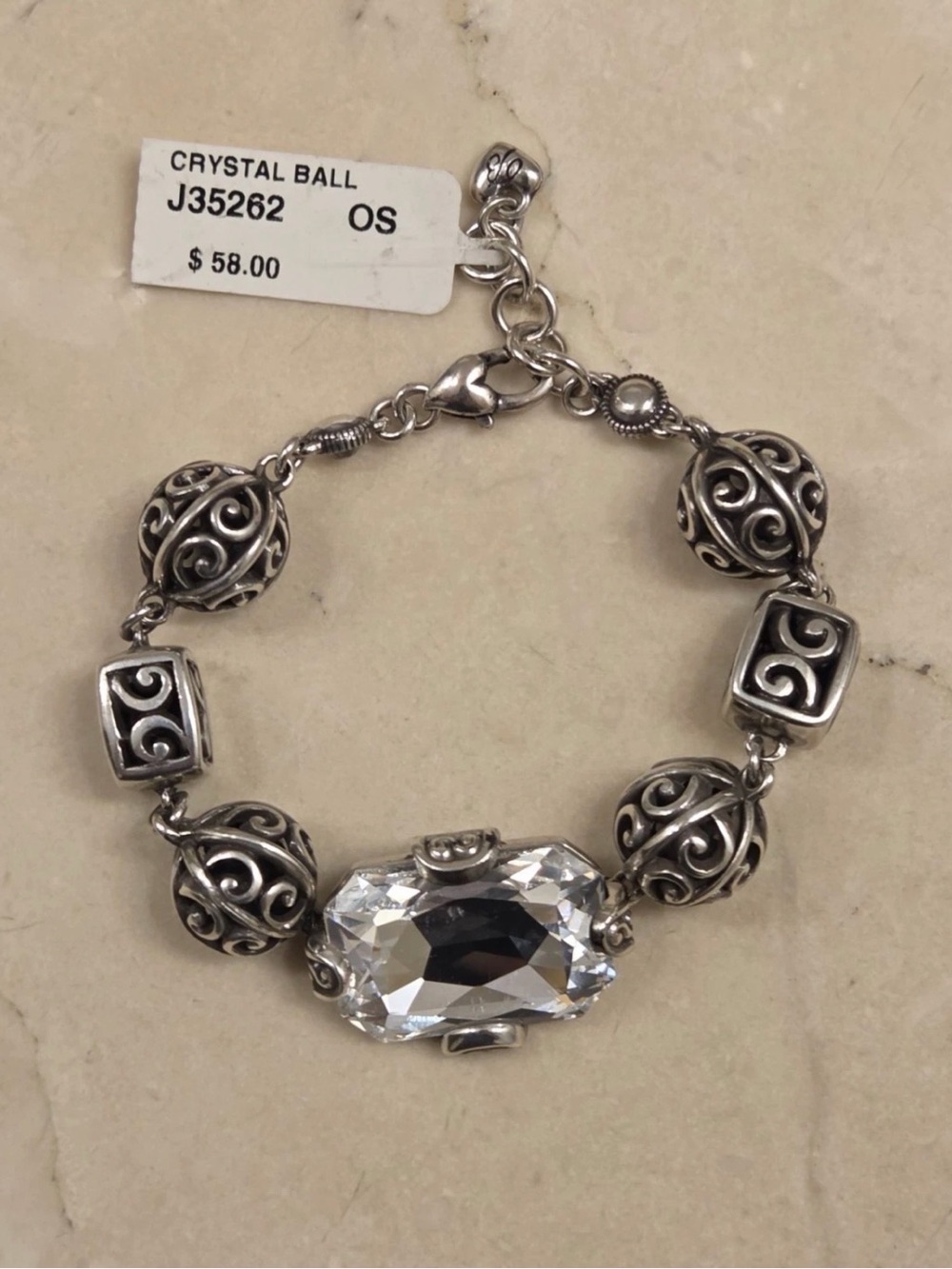 💎 BRIGHTON VTG SLVR SWAROVSKI ‘CRYSTAL BALL’ FILIGREE BRACELET - HUGE CRYSTAL!